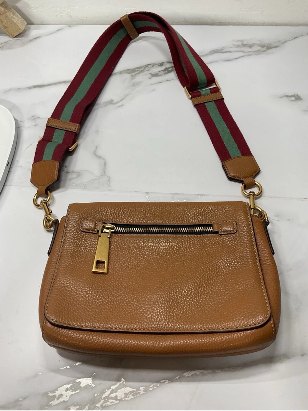 Marc Jacobs Tan Pebbled Leather Crossbody with Red and Green Striped Strap - Picture 4 of 12